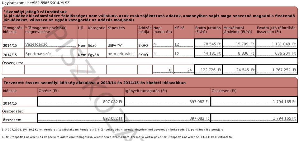 hó munka óra Bruttó juttatá (Ft/hó) Munkáltatói járulékok (Ft/hó) Évadra jutó ráfordítá özeen (Ft) Vezetőedző Nem Edző UEFA "A" EKHO 4 12 78 545 Ft 15 709 Ft 1 131 048 Ft Sportmazőr Nem Egyéb nem