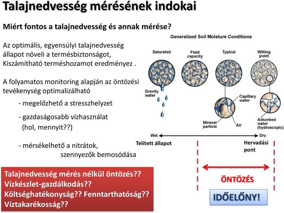 A folyamatos monitoring alapján az öntözési tevékenység optimalizálható - megelőzhető a stresszhelyzet - gazdaságosabb vízhasználat (hol,