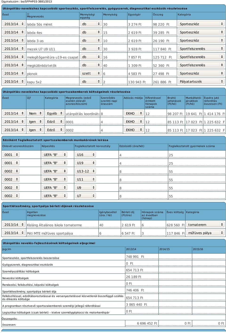 melegítőgarnitúra u19-es csapatnak db 16 7 857 Ft 125 712 Ft Sportfelszerelés megkülönböztetők db 40 1 309 Ft 52 360 Ft Sportfelszerelés pionok szett 6 4 583 Ft 27 498 Ft Sporteszköz kapu 5x2 db 2