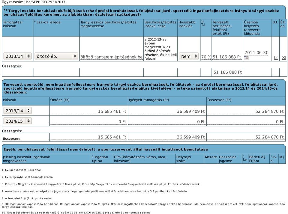 Tárgyi eszköz beruházás/felújítás megnevezése Beruházás/felújítás indoka, célja 9 10 a 2012-13-as évben megkezdtük az öltöző építését részben, és be kell öltöző tanterem építésének befejezése fejezni