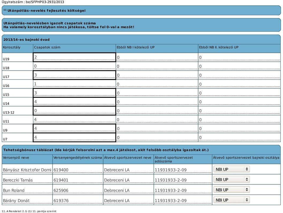kötelező UP U19 U18 U17 U16 U15 U14 U13-12 U11 U9 U7 2 0 0 0 0 0 3 0 0 1 0 0 3 0 0 4 0 0 0 0 0 4 0 0 4 0 0 4 0 0 Tehetségbónusz táblázat (Ide kérjük felsorolni azt a max.
