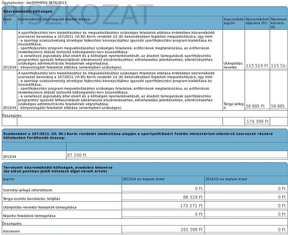 (6) bekezdésében foglaltak megvalósítására, úgy mint: - a sportági szakszövetség stratégiai fejlesztési koncepciójához igazodó sportfejlesztési program kialakítása és összeállítása, -