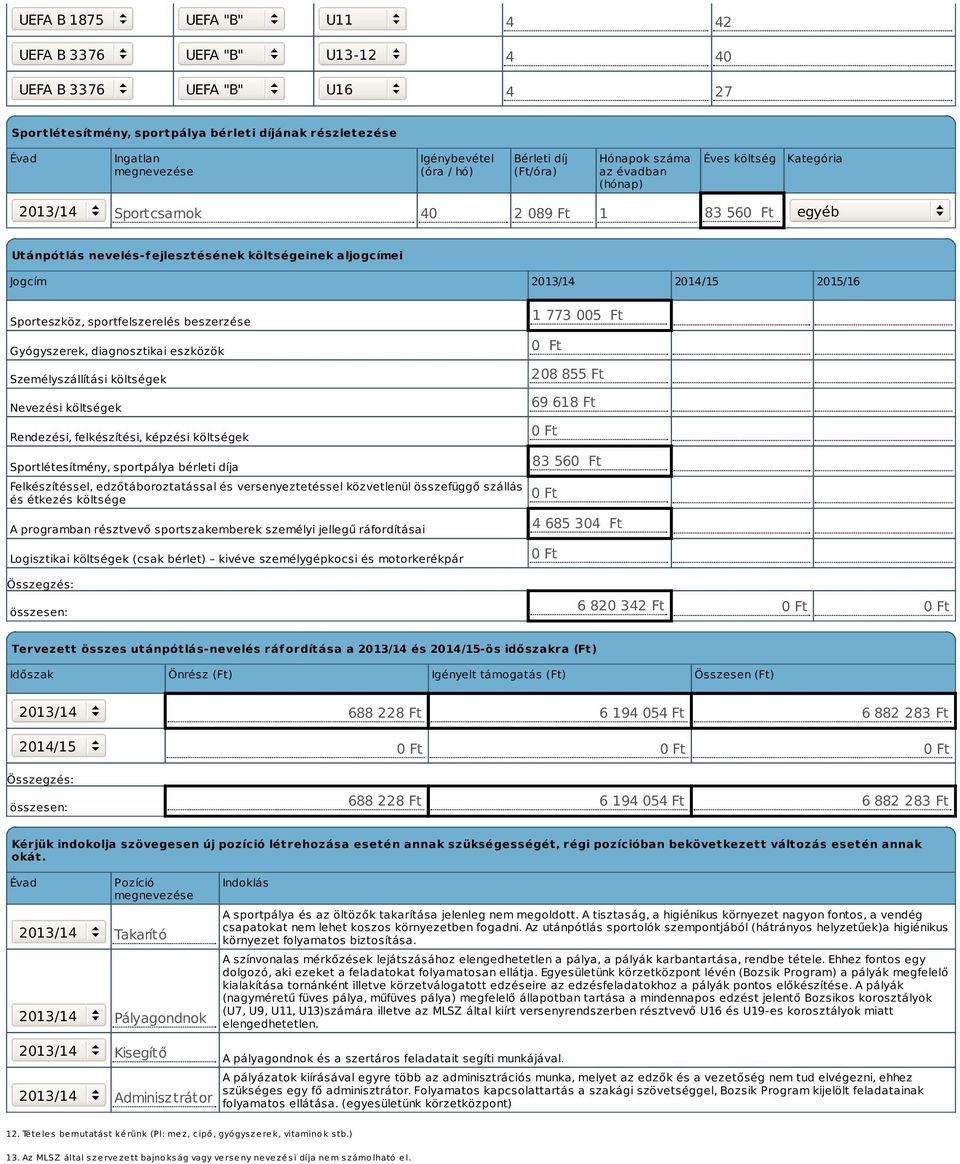 2013/14 2014/15 2015/16 Sporteszköz, sportfelszerelés beszerzése Gyógyszerek, diagnosztikai eszközök Személyszállítási költségek Nevezési költségek Rendezési, felkészítési, képzési költségek