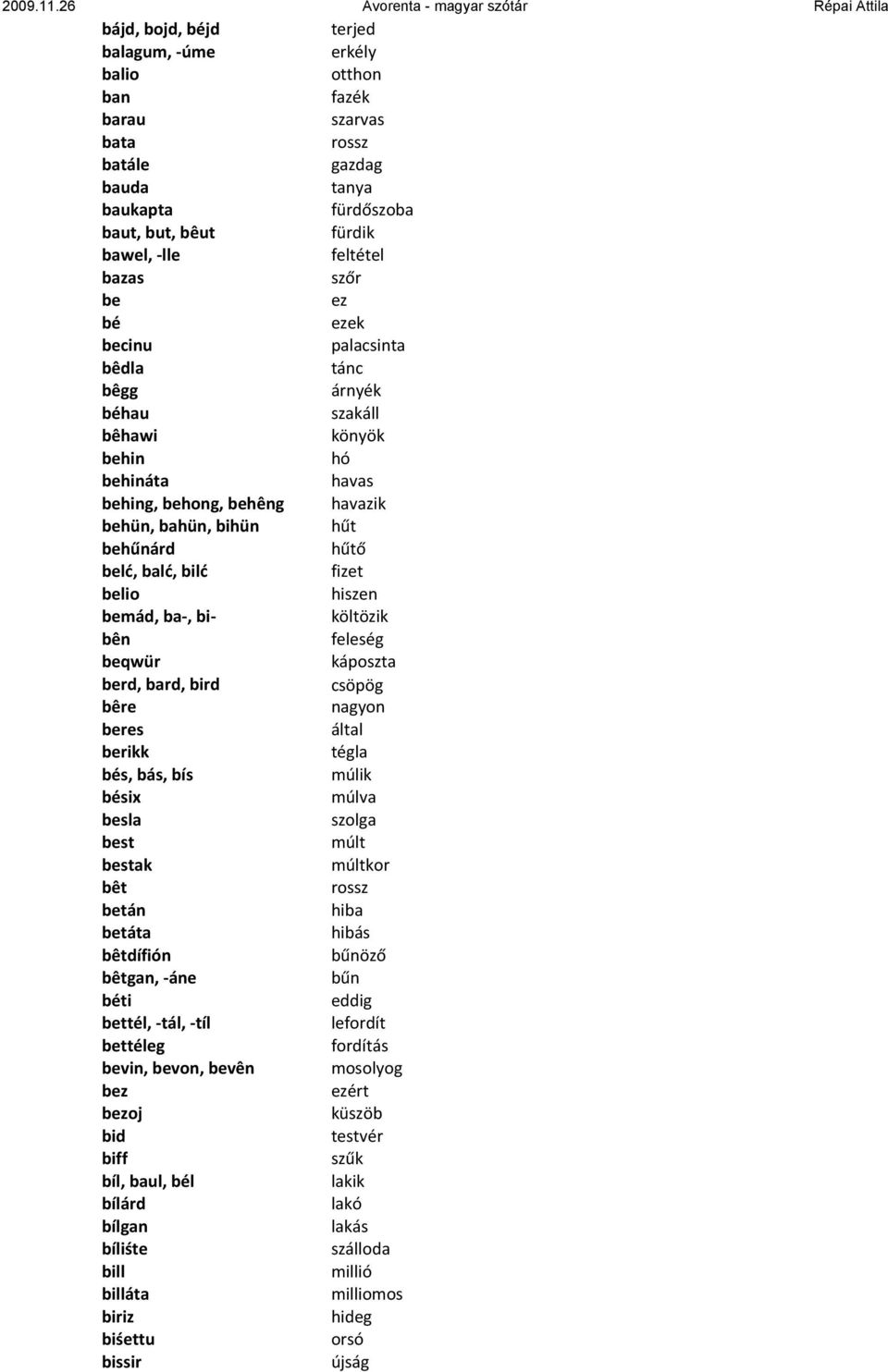 hiszen bemád, ba-, bi- költözik bên feleség beqwür káposzta berd, bard, bird csöpög bêre nagyon beres által berikk tégla bés, bás, bís múlik bésix múlva besla szolga best múlt bestak múltkor bêt