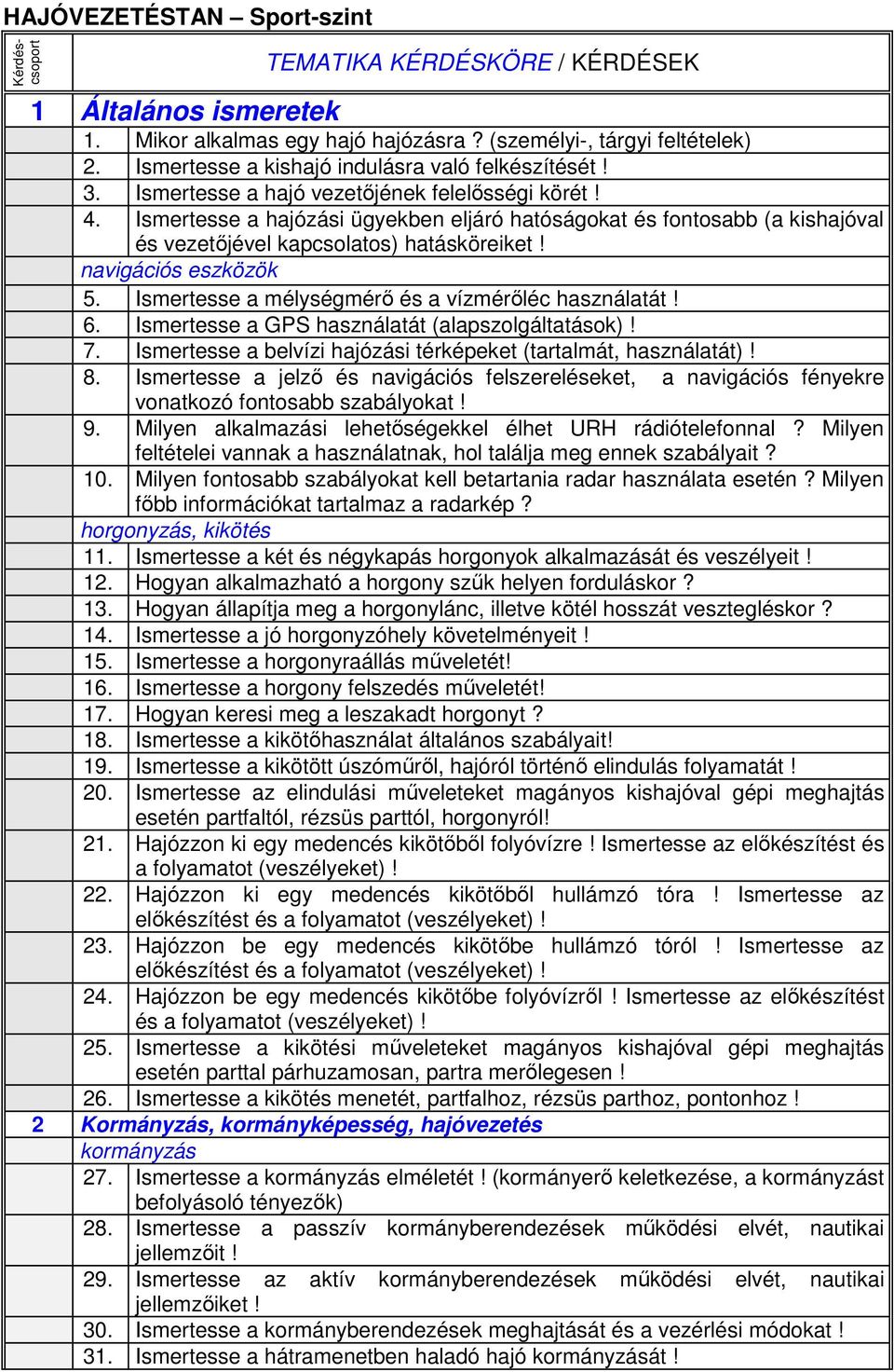 Ismertesse a hajózási ügyekben eljáró hatóságokat és fontosabb (a kishajóval és vezetőjével kapcsolatos) hatásköreiket! navigációs eszközök 5. Ismertesse a mélységmérő és a vízmérőléc használatát! 6.