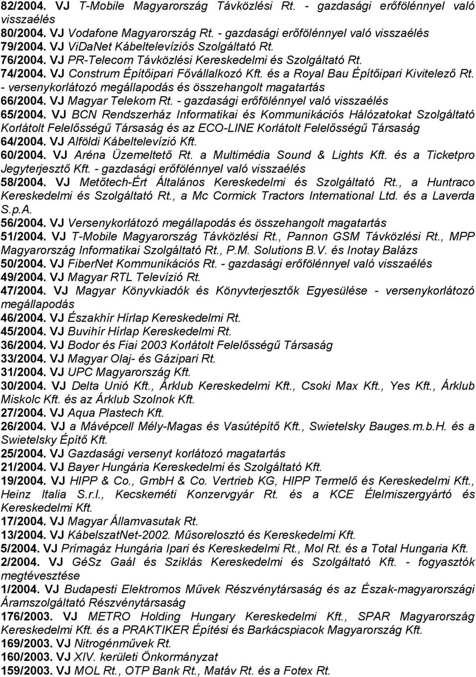 - versenykorlátozó megállapodás és összehangolt magatartás 66/2004. VJ Magyar Telekom Rt. - gazdasági erıfölénnyel való visszaélés 65/2004.