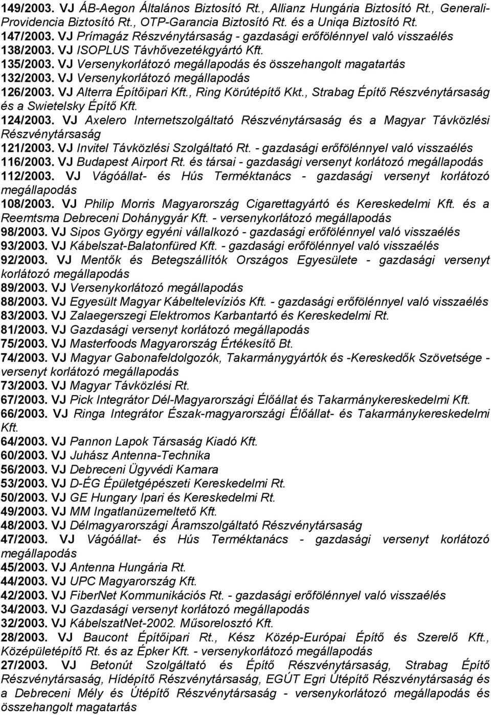 VJ Versenykorlátozó megállapodás 126/2003. VJ Alterra Építıipari Kft., Ring Körútépítı Kkt., Strabag Építı Részvénytársaság és a Swietelsky Építı Kft. 124/2003.