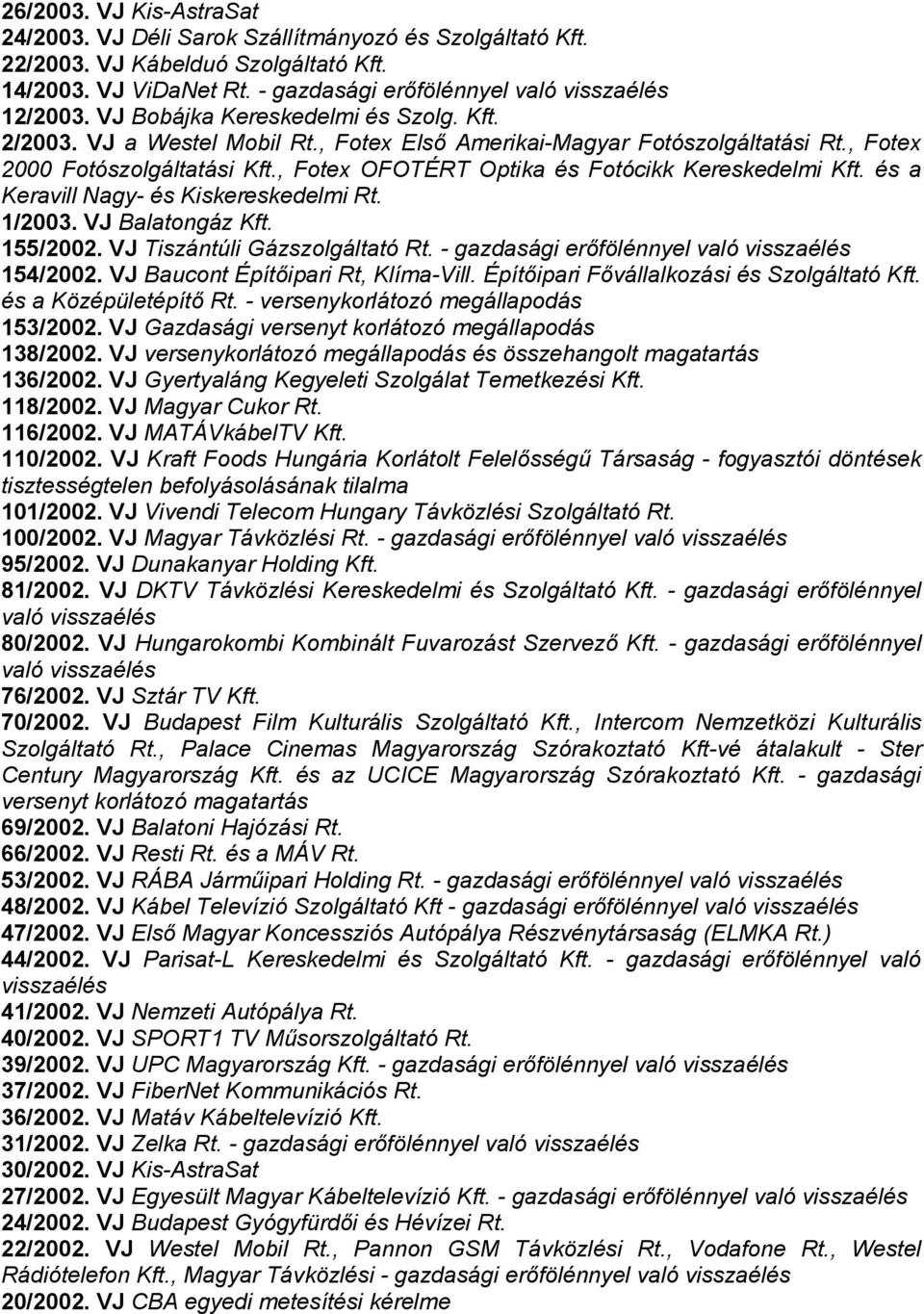 , Fotex OFOTÉRT Optika és Fotócikk Kereskedelmi Kft. és a Keravill Nagy- és Kiskereskedelmi Rt. 1/2003. VJ Balatongáz Kft. 155/2002. VJ Tiszántúli Gázszolgáltató Rt.