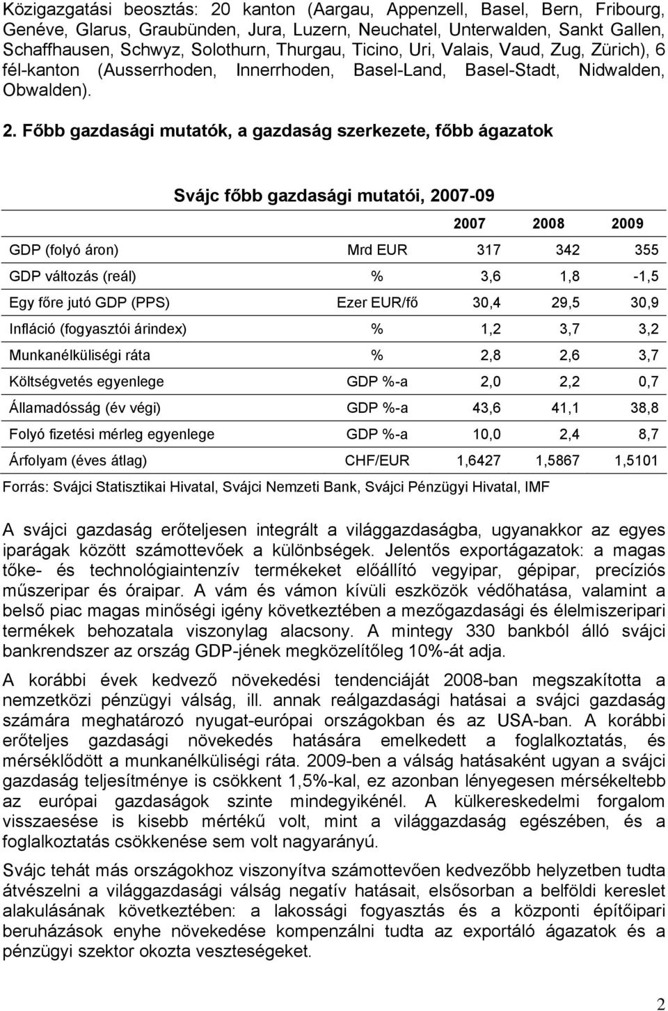 Főbb gazdasági mutatók, a gazdaság szerkezete, főbb ágazatok Svájc főbb gazdasági mutatói, 2007-09 2007 2008 2009 GDP (folyó áron) Mrd EUR 317 342 355 GDP változás (reál) % 3,6 1,8-1,5 Egy főre jutó