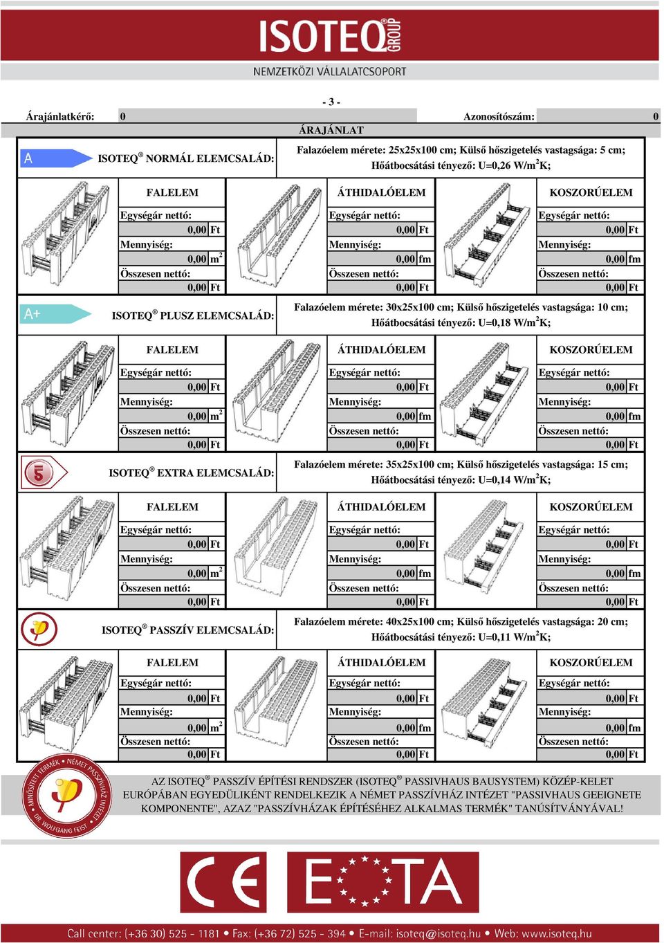 Hıátbocsátási tényezı: U=,14 W/m 2 K; ISOTEQ PASSZÍV ELEMCSALÁD: Falazóelem mérete: 4x25x1 cm; Külsı hıszigetelés vastagsága: 2 cm; Hıátbocsátási tényezı: U=,11 W/m 2 K; AZ ISOTEQ PASSZÍV ÉPÍTÉSI