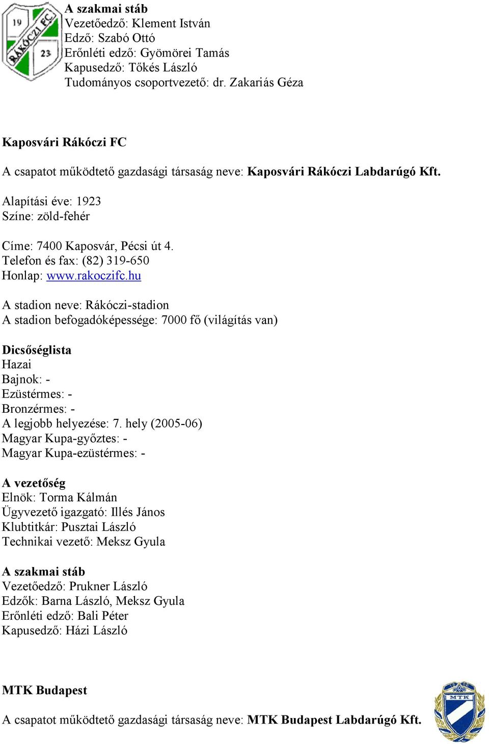 Telefon és fax: (82) 319-650 Honlap: www.rakoczifc.hu A stadion neve: Rákóczi-stadion A stadion befogadóképessége: 7000 fő (világítás van) Bronzérmes: - A legjobb helyezése: 7.