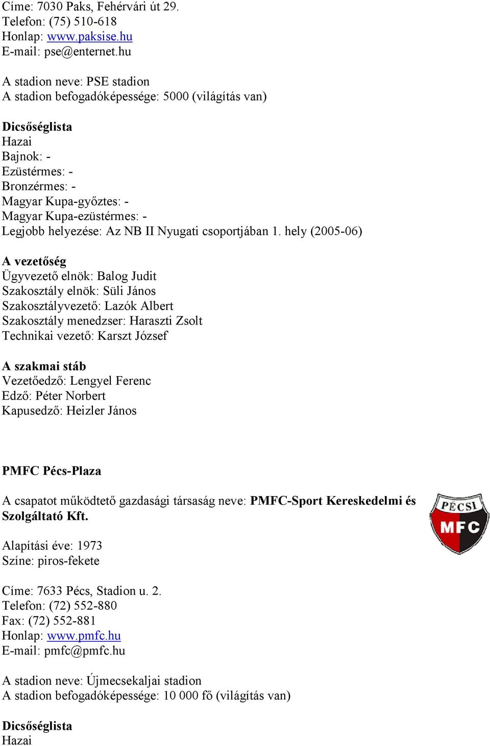 hely (2005-06) Ügyvezető elnök: Balog Judit Szakosztály elnök: Süli János Szakosztályvezető: Lazók Albert Szakosztály menedzser: Haraszti Zsolt Technikai vezető: Karszt József Vezetőedző: Lengyel