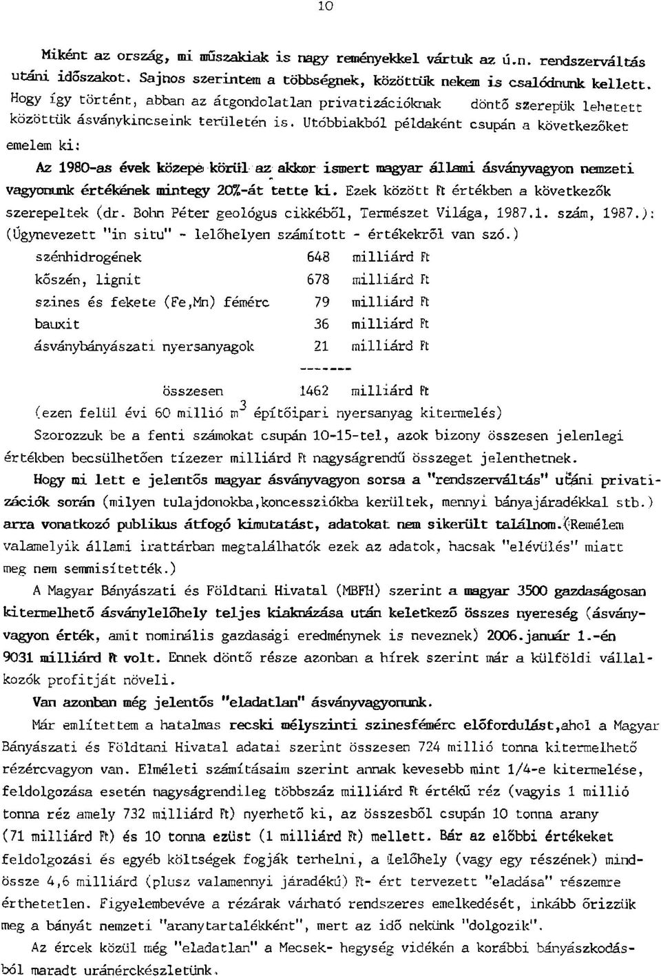 Utóbbiakból példaként csupán a következőket emelem ki: Az 1980-as évek középé körül az akkor ismert magyar állami ásványvagyon nemzeti vagyonunk értékének mintegy 20%-át tette ki.