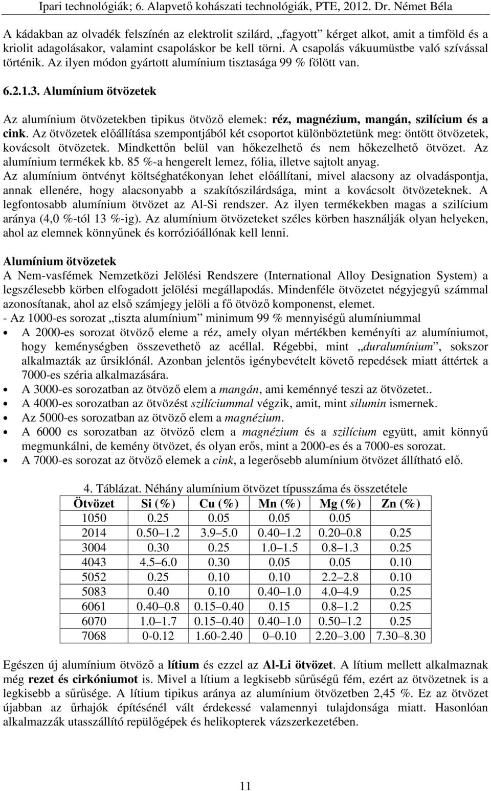 Alumínium ötvözetek Az alumínium ötvözetekben tipikus ötvöző elemek: réz, magnézium, mangán, szilícium és a cink.