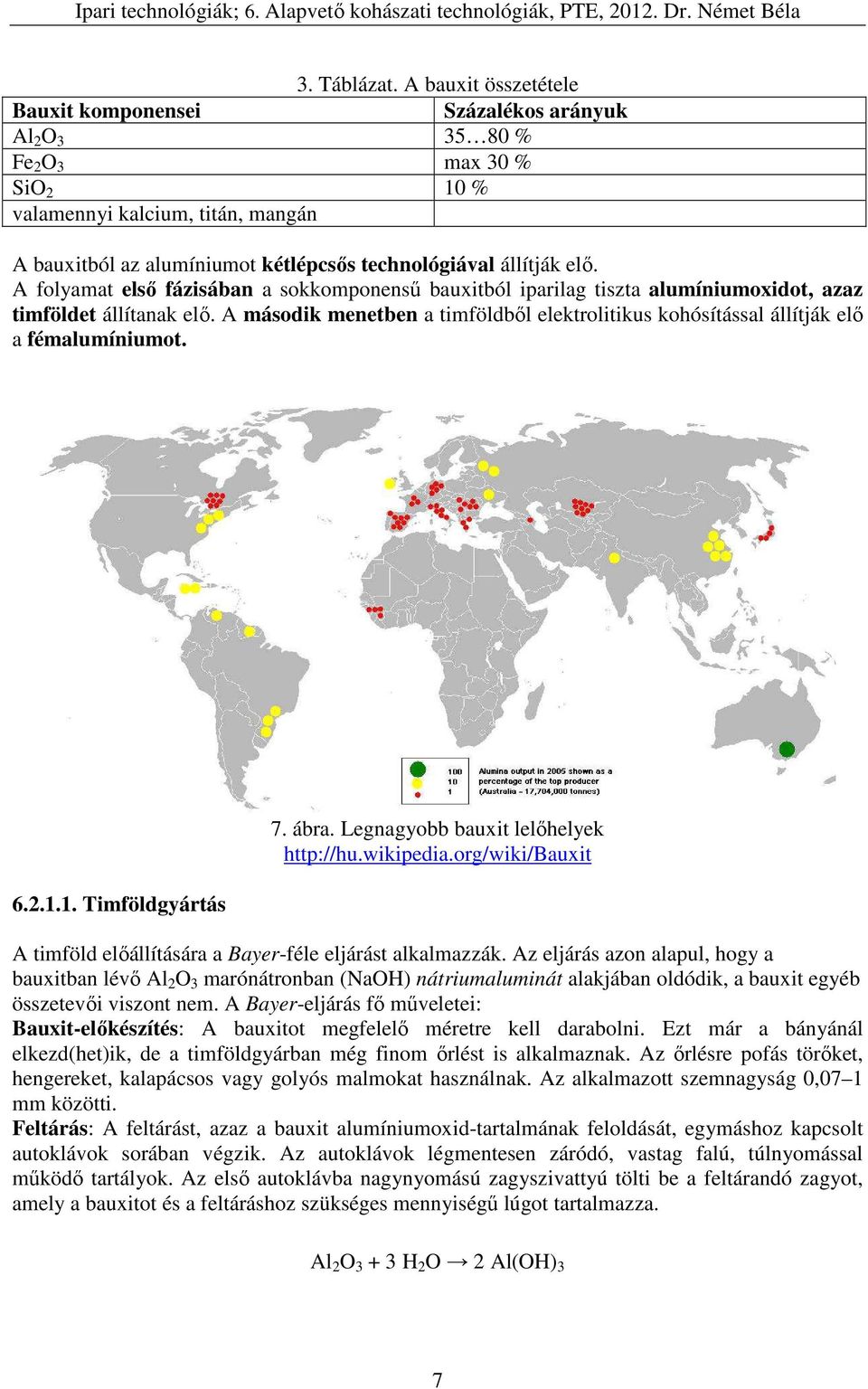 állítják elő. A folyamat első fázisában a sokkomponensű bauxitból iparilag tiszta alumíniumoxidot, azaz timföldet állítanak elő.