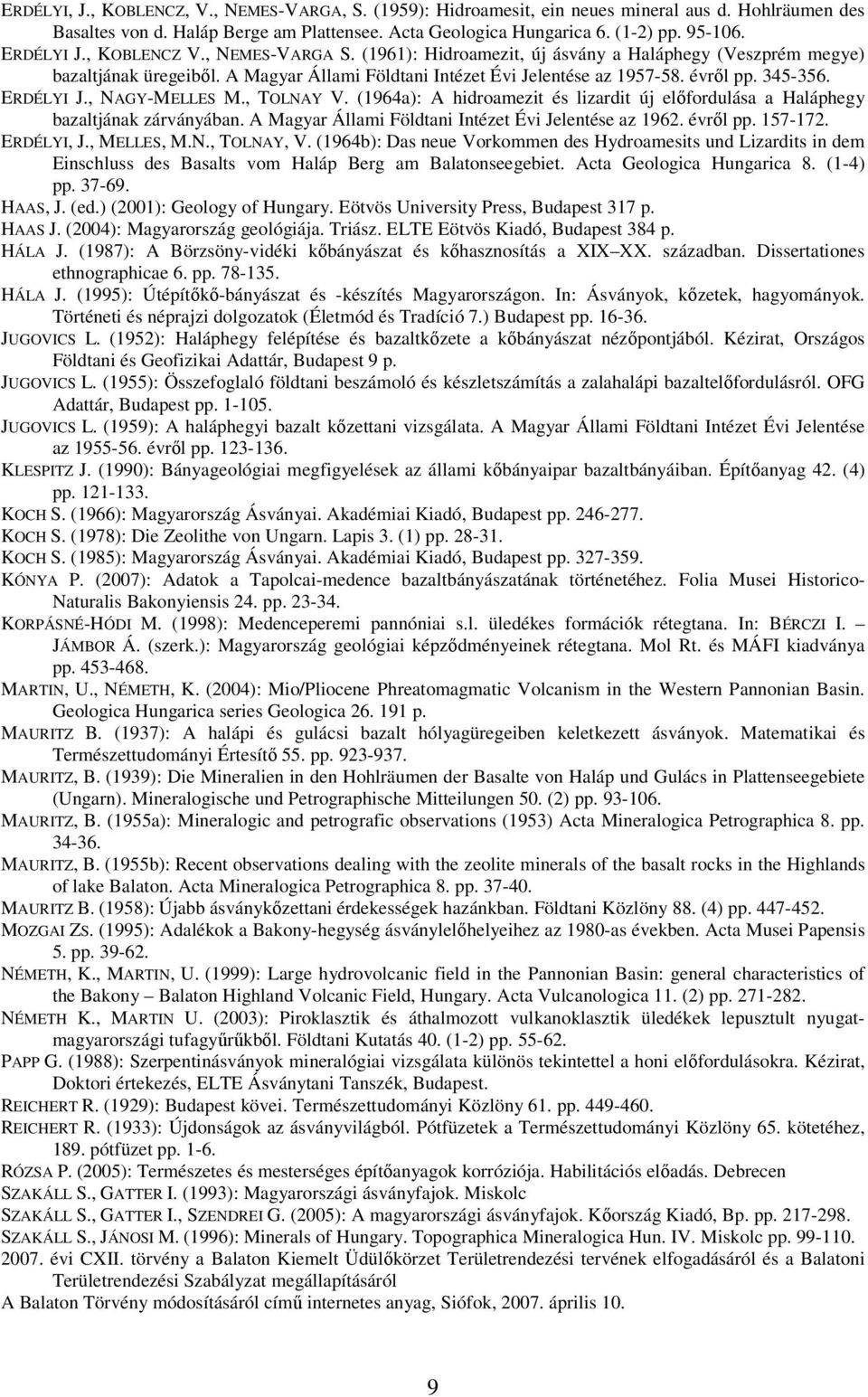 ERDÉLYI J., NAGY-MELLES M., TOLNAY V. (1964a): A hidroamezit és lizardit új előfordulása a Haláphegy bazaltjának zárványában. A Magyar Állami Földtani Intézet Évi Jelentése az 1962. évről pp. 157-172.