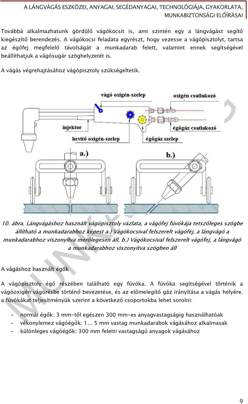 A vágás végrehajtásához vágópisztoly szükségeltetik. 10. ábra. Lángvágáshoz használt vágópisztoly vázlata, a vágófej fúvókája tetszőleges szögbe állítható a munkadarabhoz képest a.