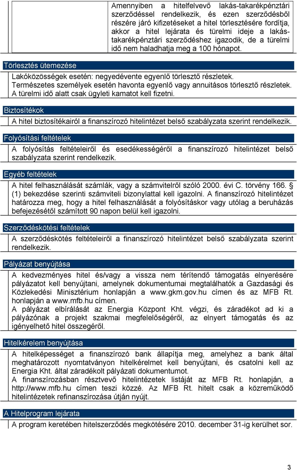 Természetes személyek esetén havonta egyenlő vagy annuitásos törlesztő részletek. A türelmi idő alatt csak ügyleti kamatot kell fizetni.