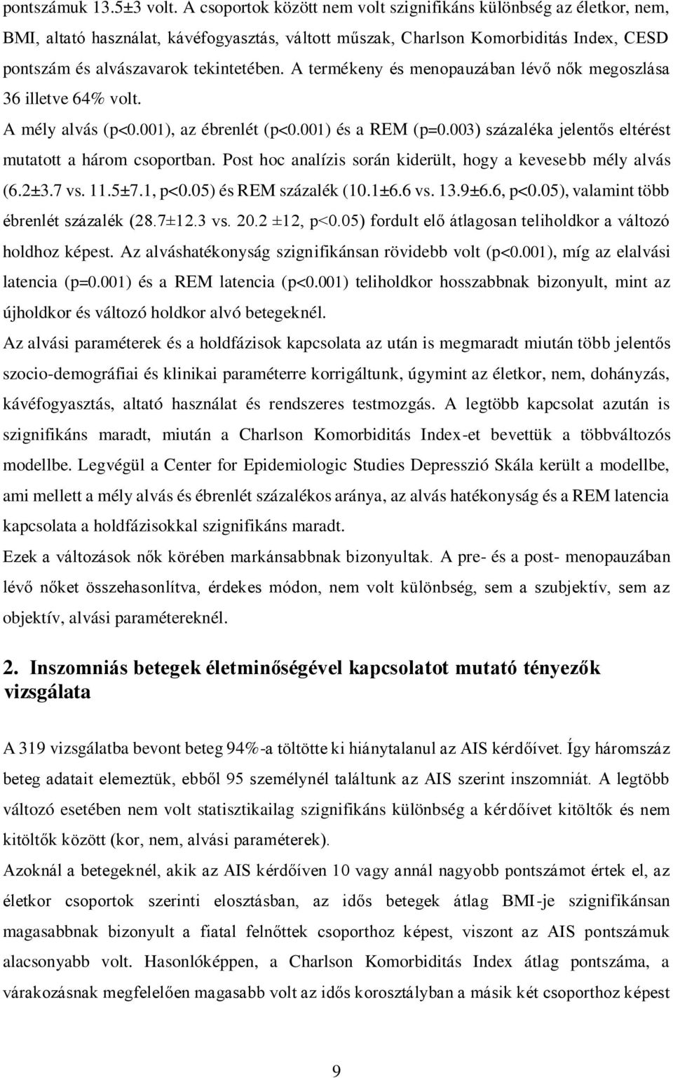 A termékeny és menopauzában lévő nők megoszlása 36 illetve 64% volt. A mély alvás (p<0.001), az ébrenlét (p<0.001) és a REM (p=0.003) százaléka jelentős eltérést mutatott a három csoportban.