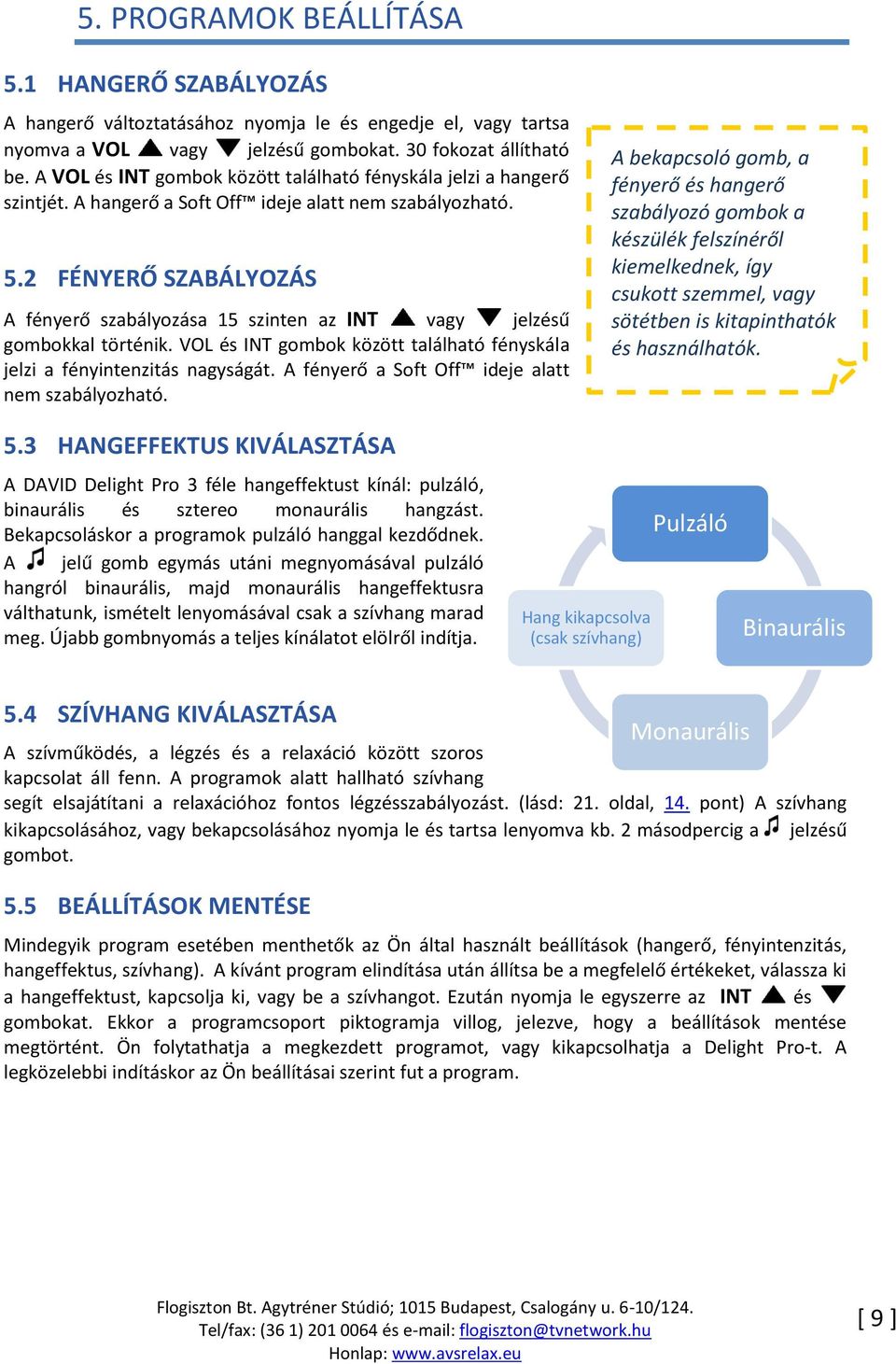 2 FÉNYERŐ SZABÁLYOZÁS A fényerő szabályozása 15 szinten az INT vagy jelzésű gombokkal történik. VOL és INT gombok között található fényskála jelzi a fényintenzitás nagyságát.