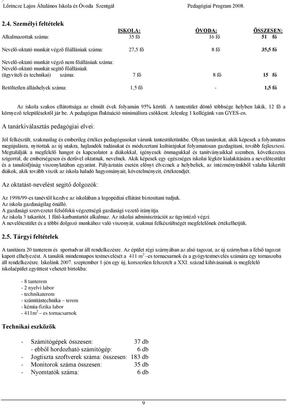 körüli. A tantestület döntő többsége helyben lakik, 12 fő a környező településekről jár be. A pedagógus fluktuáció minimálisra csökkent. Jelenleg 1 kollégánk van GYES-en.