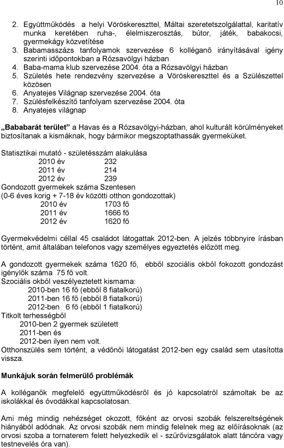 Születés hete rendezvény szervezése a Vöröskereszttel és a Szülészettel közösen 6. Anyatejes Világnap szervezése 2004. óta 7. Szülésfelkészítő tanfolyam szervezése 2004. óta 8.