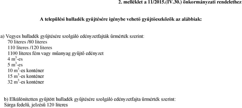 gyűjtésére szolgáló edényzetfajták űrmérték szerint: 70 literes /80 literes 110 literes /120 literes 1100 literes fém vagy