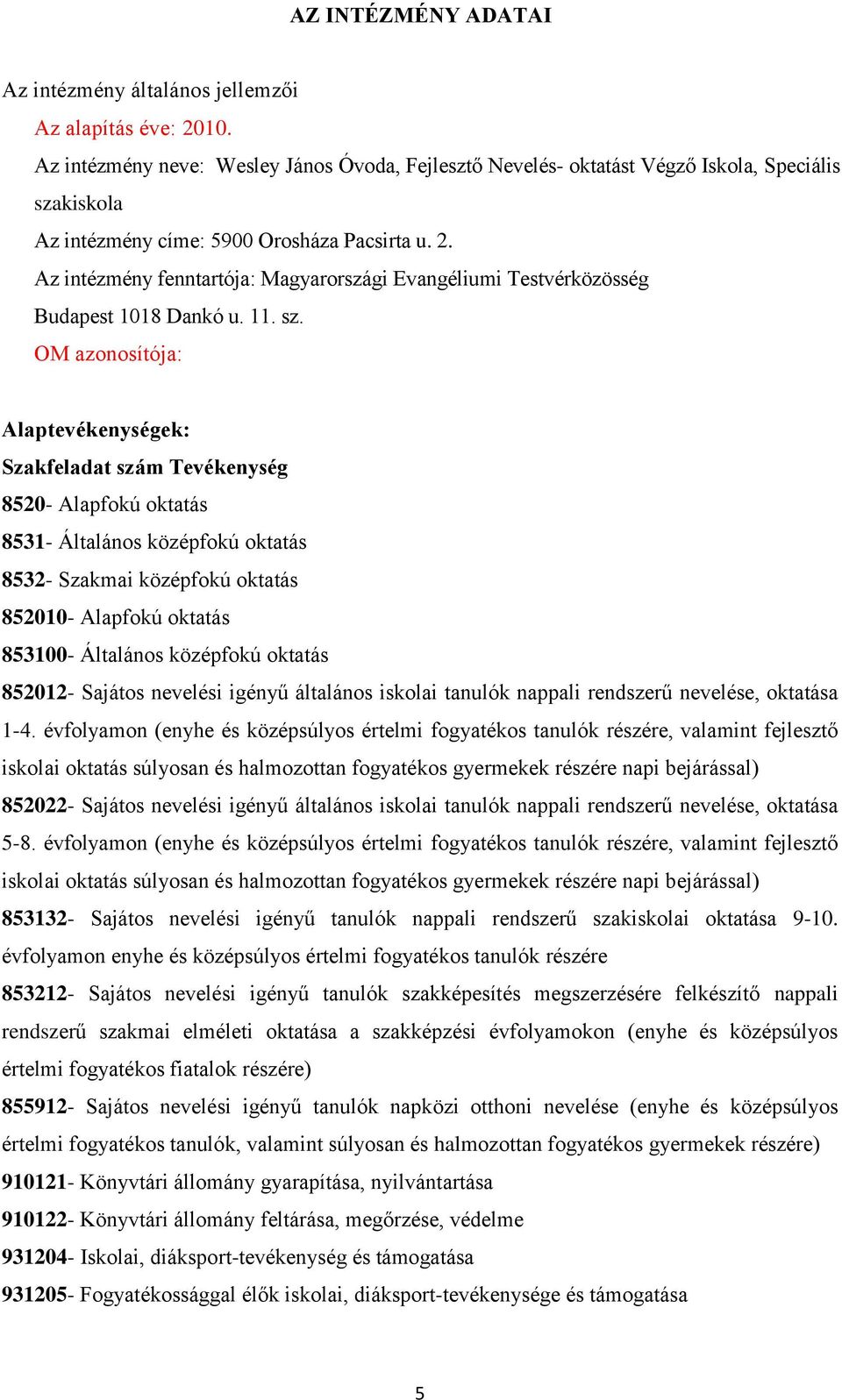 Az intézmény fenntartója: Magyarországi Evangéliumi Testvérközösség Budapest 1018 Dankó u. 11. sz.