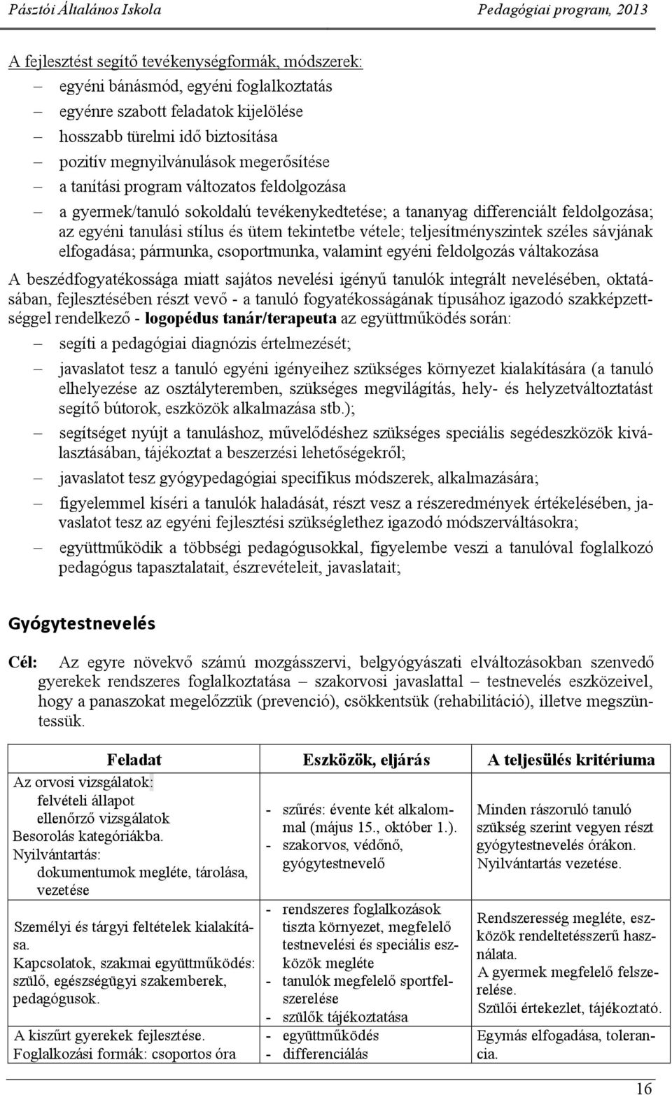 széles sávjának elfogadása; pármunka, csoportmunka, valamint egyéni feldolgozás váltakozása A eszédfogyatékossága miatt sajátos nevelési igényű tanulók integrált neveléséen, oktatásáan, fejlesztéséen