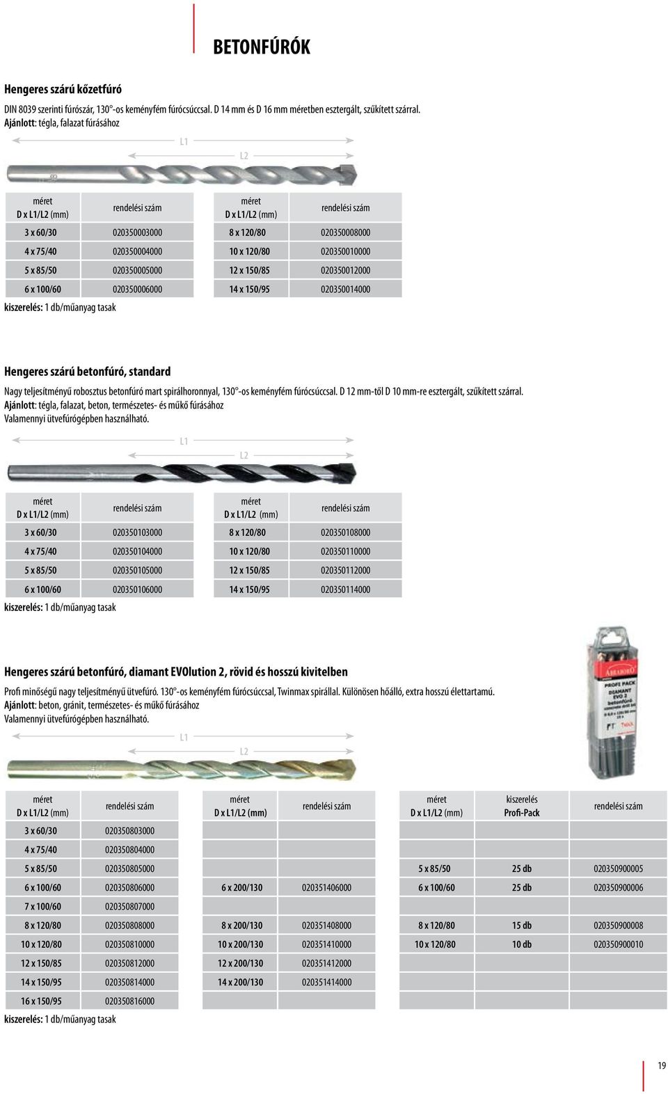 020350006000 14 x 150/95 020350014000 kiszerelés: 1 db/műanyag tasak Hengeres szárú betonfúró, standard Nagy teljesítményű robosztus betonfúró mart spirálhoronnyal, 130 -os keményfém fúrócsúccsal.