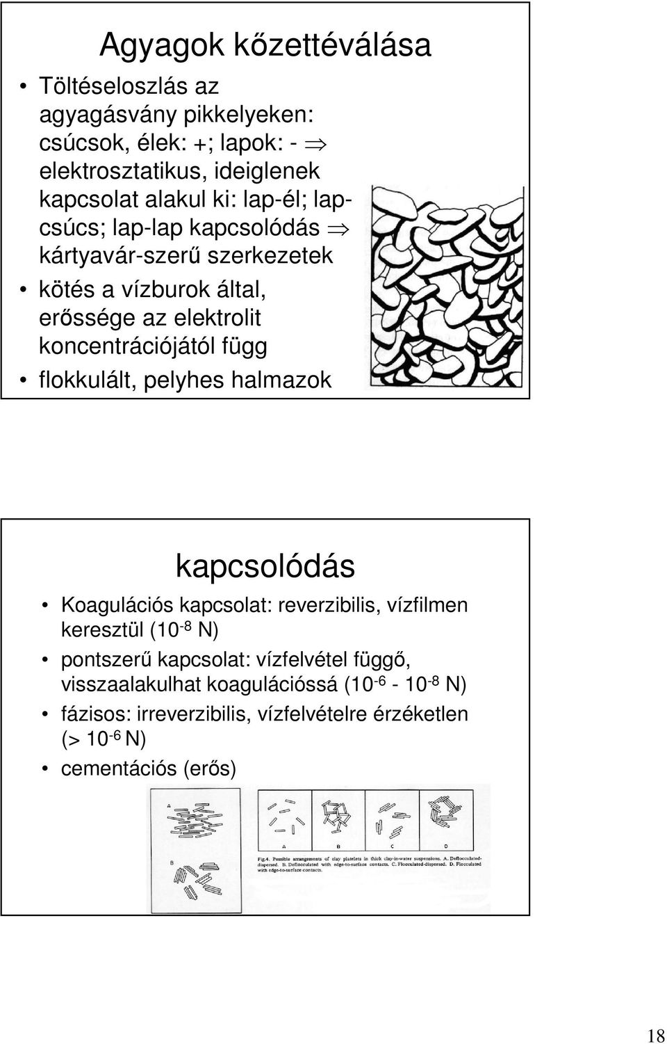 függ flokkulált, pelyhes halmazok kapcsolódás Koagulációs kapcsolat: reverzibilis, vízfilmen keresztül (10-8 N) pontszerő kapcsolat: