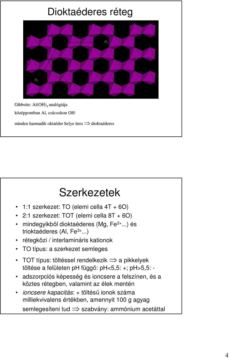 ..) rétegközi / interlamináris kationok TO típus: a szerkezet semleges TOT típus: töltéssel rendelkezik a pikkelyek töltése a felületen ph függı: ph<5,5: +; ph>5,5: -