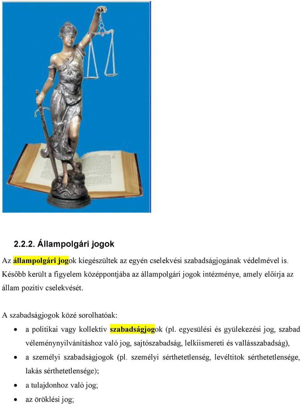 A szabadságjogok közé sorolhatóak: a politikai vagy kollektív szabadságjogok (pl.