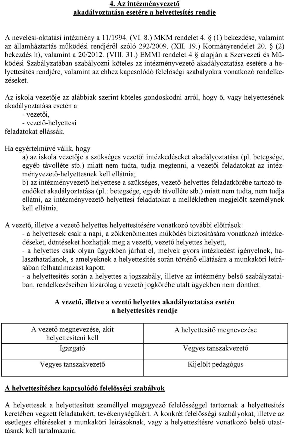 ) EMMI rendelet 4 alapján a Szervezeti és Működési Szabályzatában szabályozni köteles az intézményvezető akadályoztatása esetére a helyettesítés rendjére, valamint az ehhez kapcsolódó felelőségi