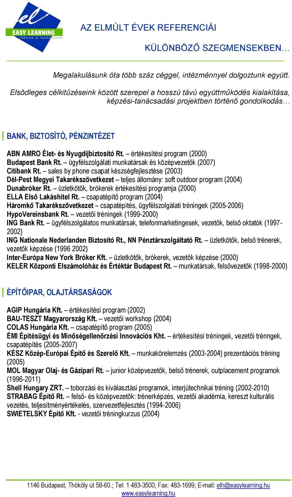 Rt. értékesítési program (2000) Budapest Bank Rt. ügyfélszolgálati munkatársak és középvezetők (2007) Citibank Rt.