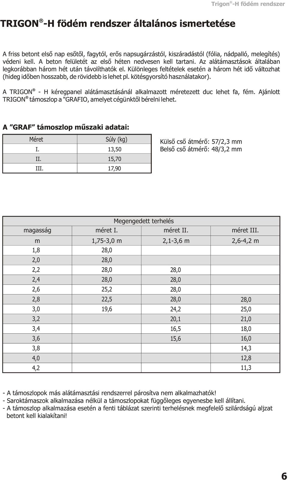 kötésgyorsító használatakor). A TRIGON - H kéregpanel alátámasztásánál alkalmazott méretezett duc lehet fa, fém. Ajánlott TRIGON támoszlop a "GRAFIO, amelyet cégünktõl bérelni lehet.