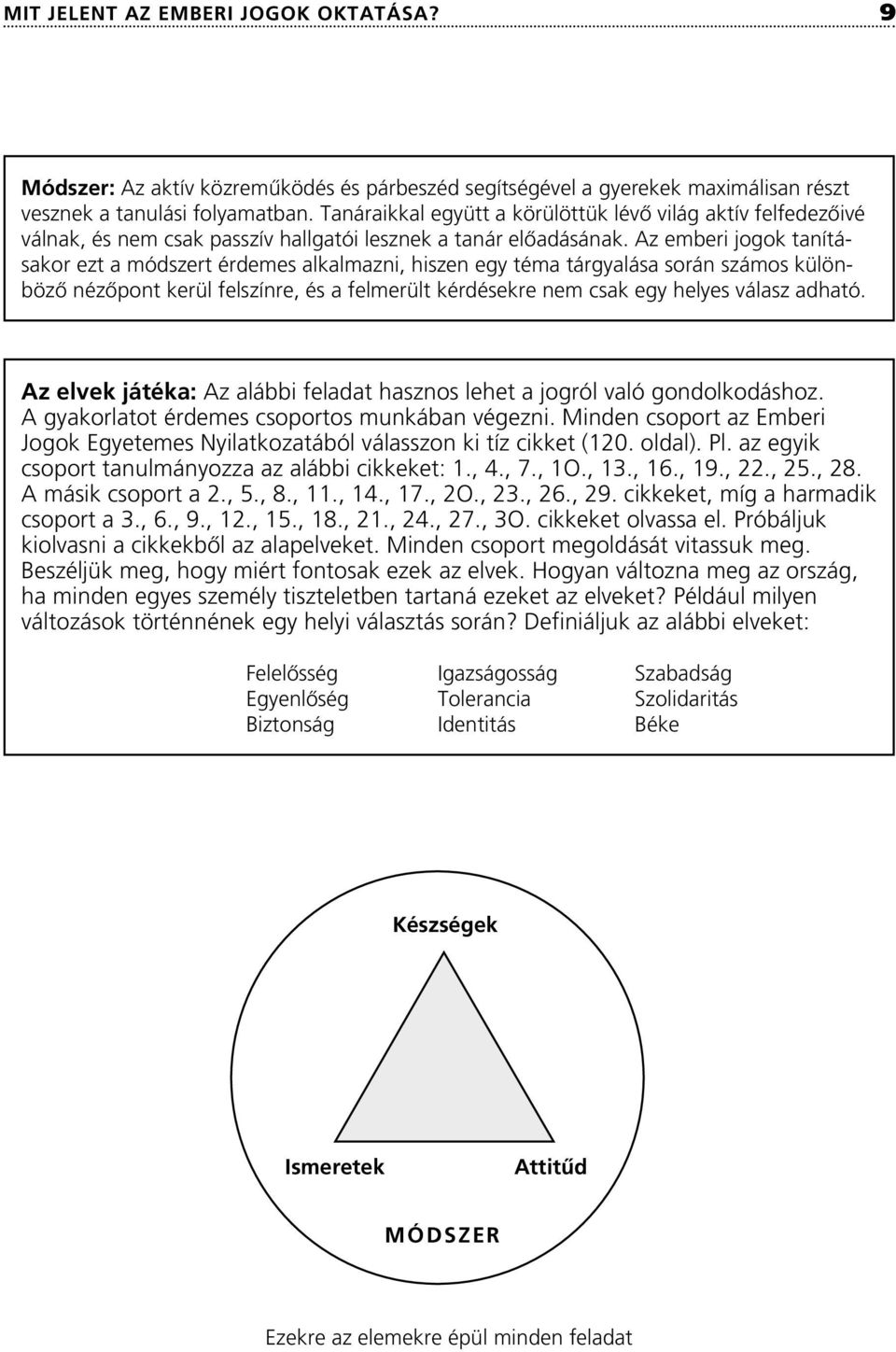 Az emberi jogok tanításakor ezt a módszert érdemes alkalmazni, hiszen egy téma tárgyalása során számos különbözô nézôpont kerül felszínre, és a felmerült kérdésekre nem csak egy helyes válasz adható.