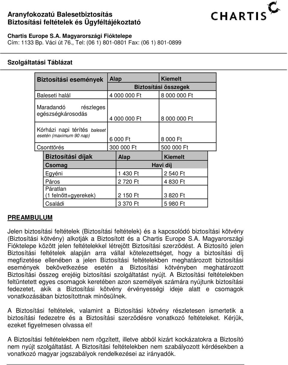egészségkárosodás 4 000 000 Ft 8 000 000 Ft PREAMBULUM Kórházi napi térítés baleset esetén (maximum 90 nap) 6 000 Ft 8 000 Ft Csonttörés 300 000 Ft 500 000 Ft Biztosítási díjak Alap Kiemelt Csomag
