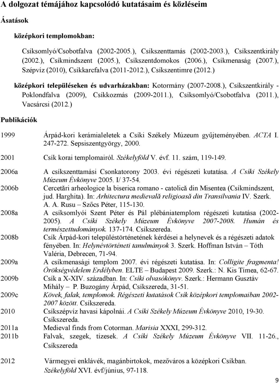 ), Csíkszentkirály - Poklondfalva (2009), Csíkkozmás (2009-2011.), Csíksomlyó/Csobotfalva (2011.), Vacsárcsi (2012.) Publikációk 1999 Árpád-kori kerámialeletek a Csíki Székely Múzeum gyűjteményében.