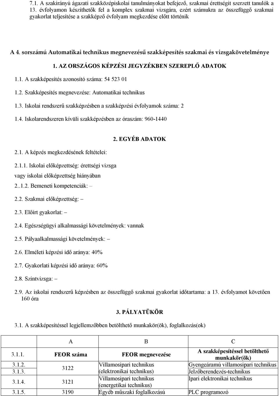 sorszámú Automatikai technikus megnevezésű szakképesítés szakmai és vizsgakövetelménye 1. AZ ORSZÁGOS KÉPZÉSI JEGYZÉKBEN SZEREPLŐ ADATOK 1.1. A szakképesítés azonosító száma: 54 523