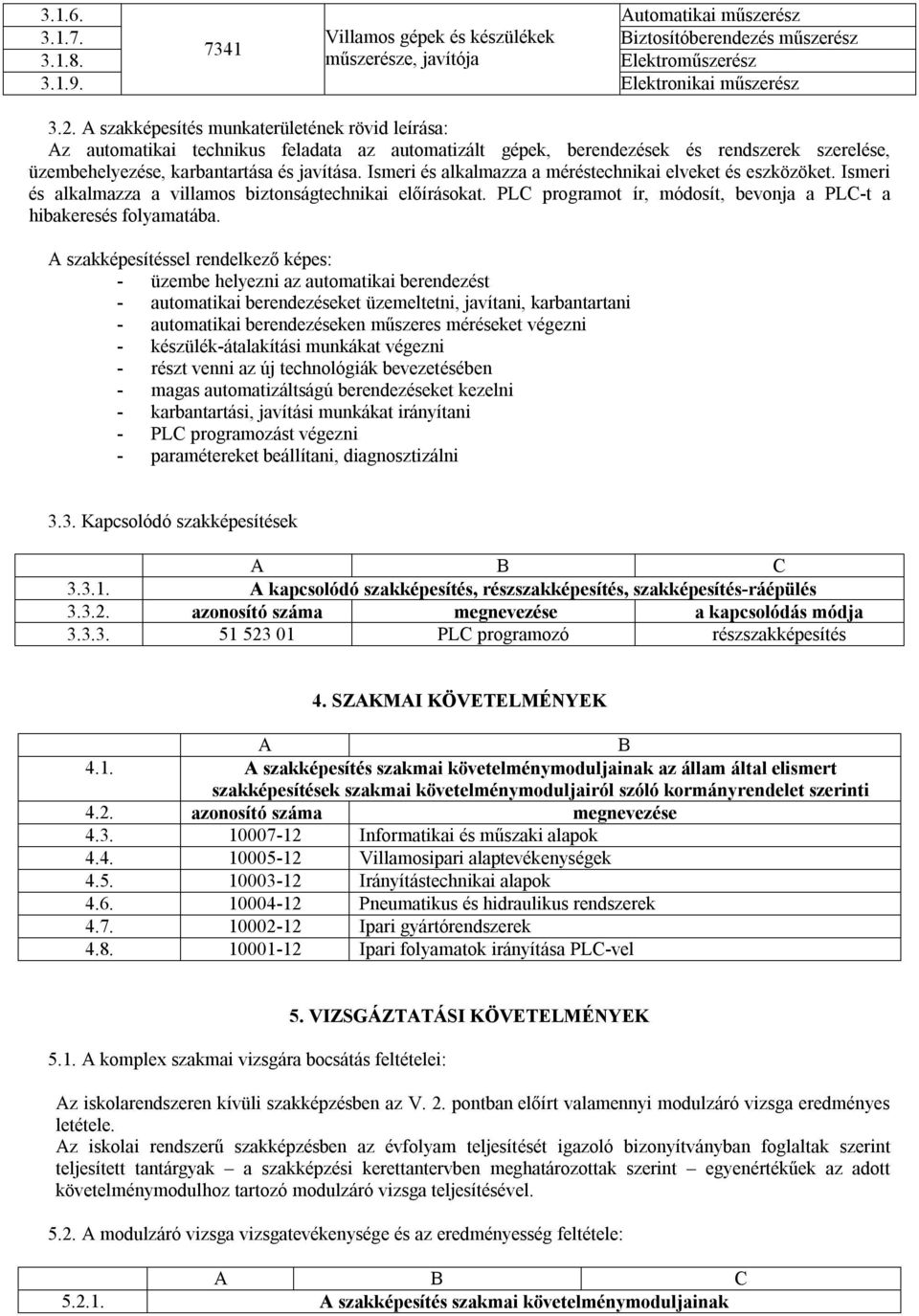 Ismeri és alkalmazza a méréstechnikai elveket és eszközöket. Ismeri és alkalmazza a villamos biztonságtechnikai előírásokat. PLC programot ír, módosít, bevonja a PLC-t a hibakeresés folyamatába.