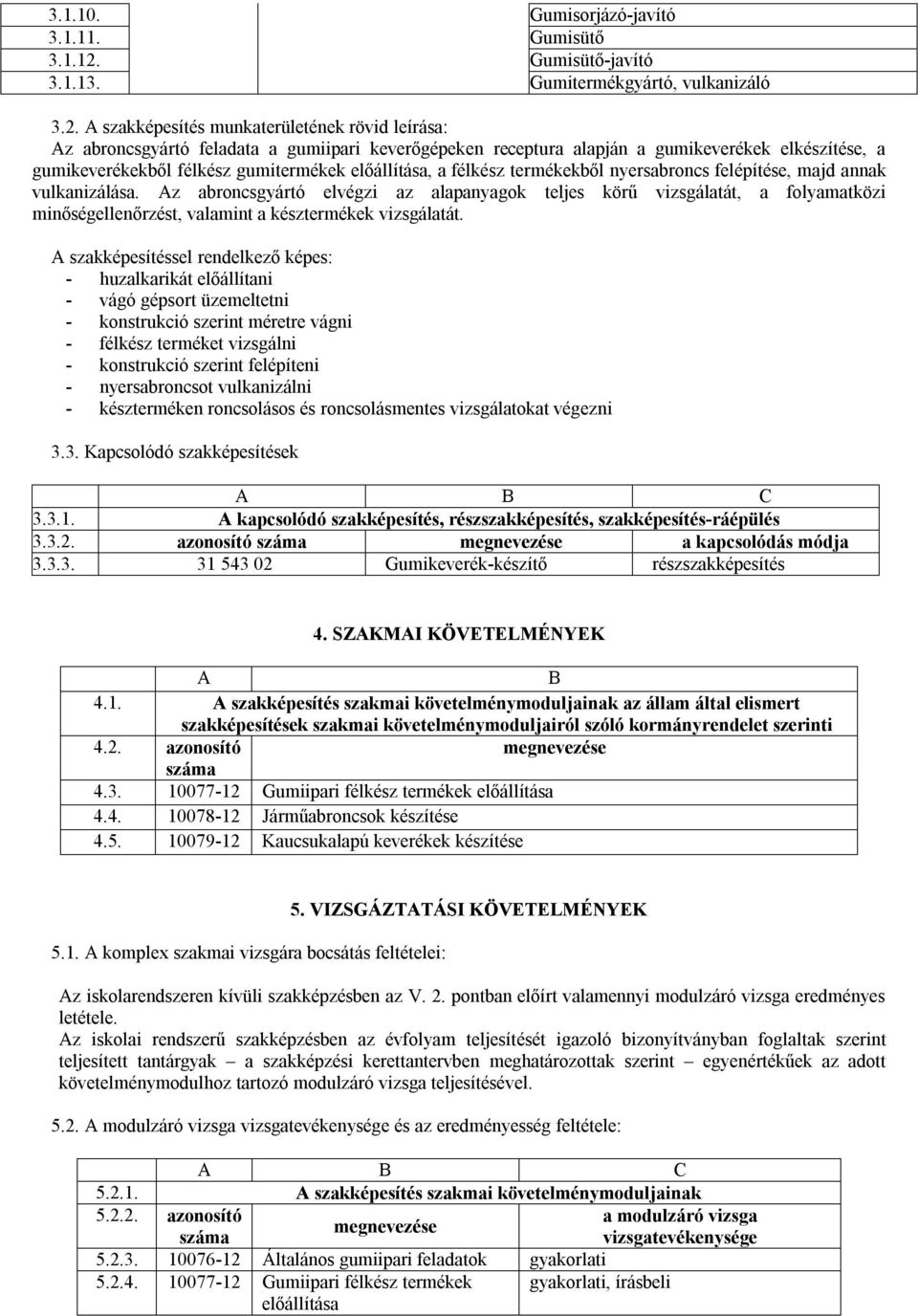 A szakképesítés munkaterületének rövid leírása: Az abroncsgyártó feladata a gumiipari keverőgépeken receptura alapján a gumikeverékek elkészítése, a gumikeverékekből félkész gumitermékek előállítása,