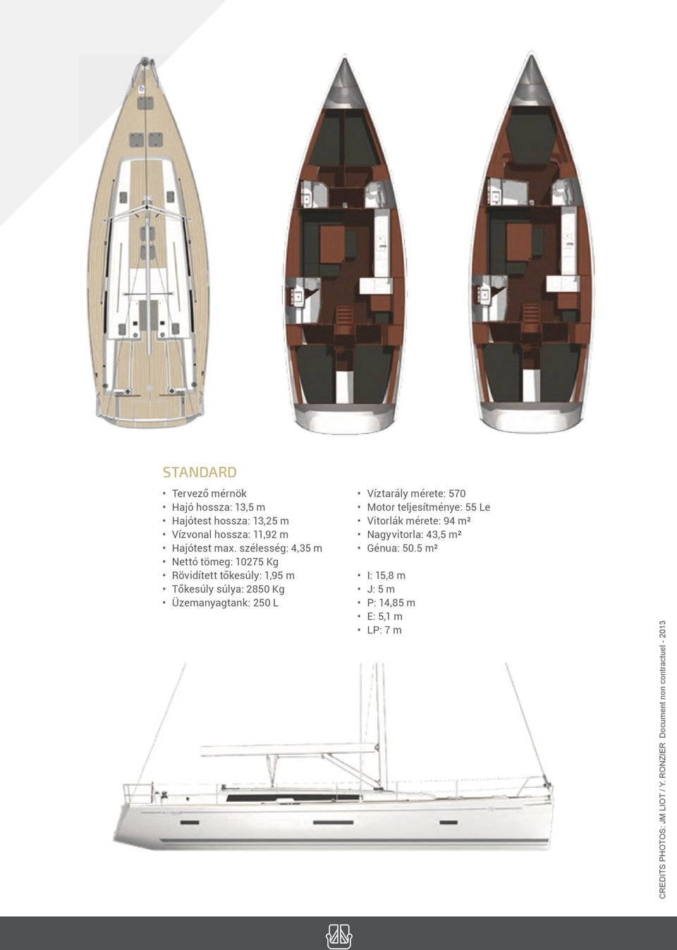 L Víztarály mérete: 570 Motor teljesítménye: 55 Le Vitorlák mérete: 94 m² Nagyvitorla: 43,5 m² Génua: 50.