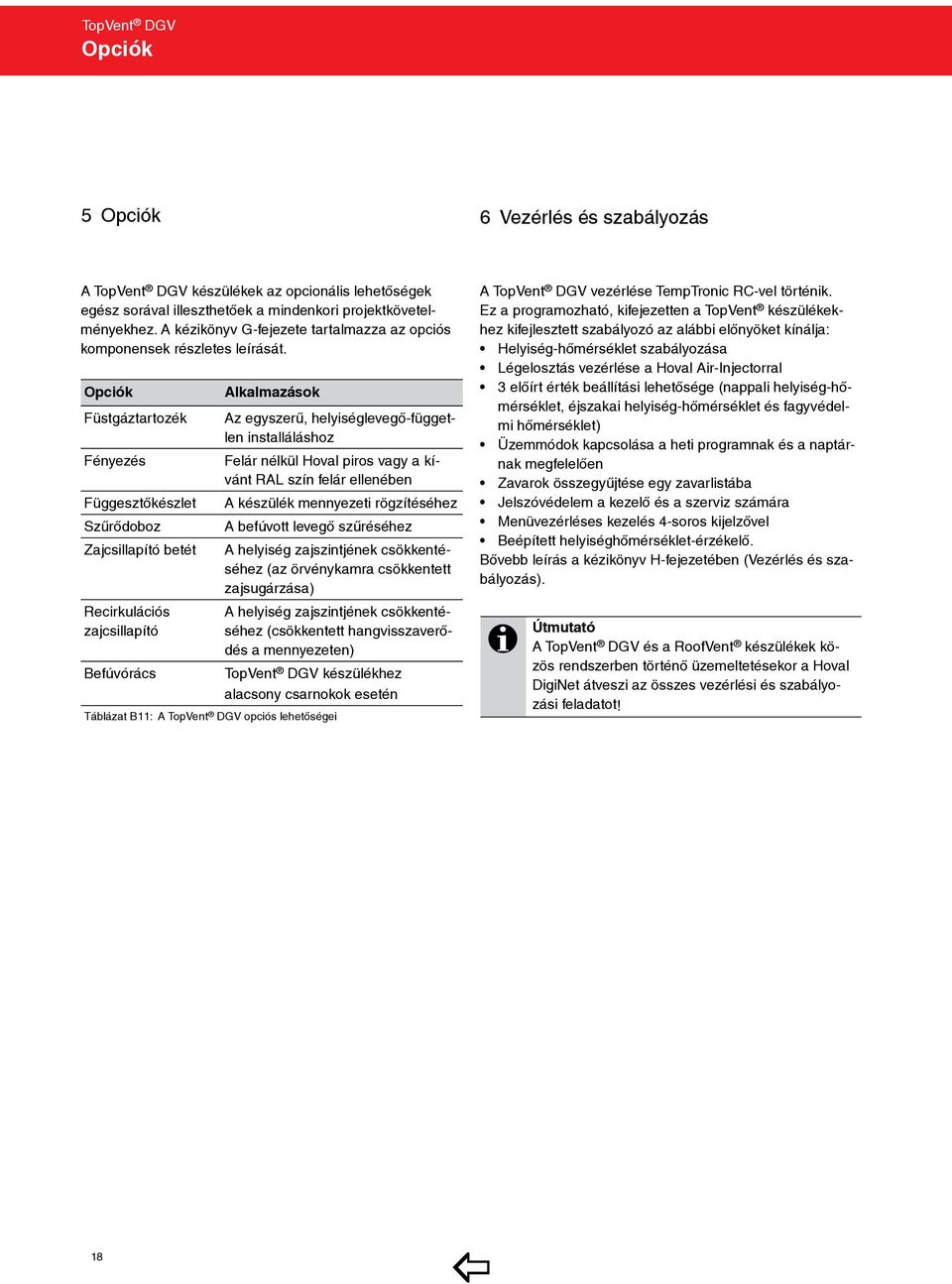 Opciók Füstgáztartozék Fényezés Függesztőkészlet Szűrődoboz Zajcsillapító betét Recirkulációs zajcsillapító Befúvórács Alkalmazások Táblázat B11: A TopVent DGV opciós lehetőségei Az egyszerű,