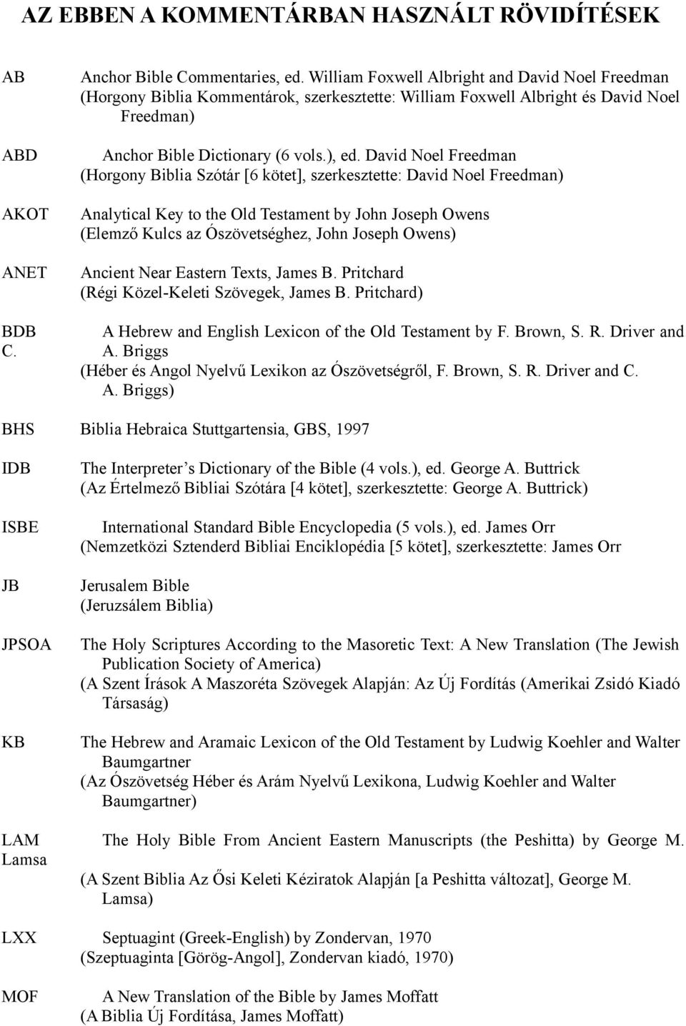 David Noel Freedman (Horgony Biblia Szótár [6 kötet], szerkesztette: David Noel Freedman) Analytical Key to the Old Testament by John Joseph Owens (Elemző Kulcs az Ószövetséghez, John Joseph Owens)