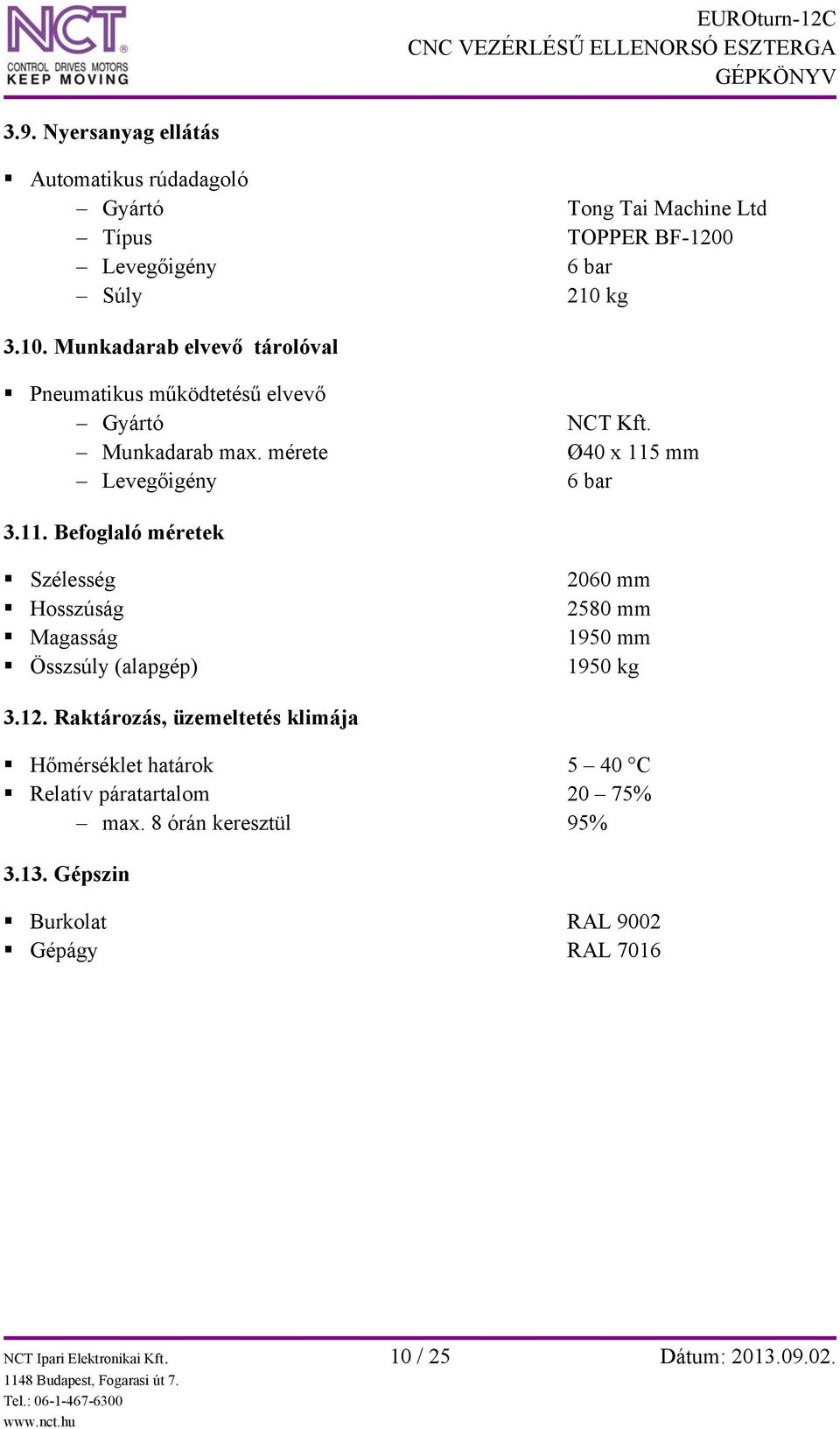 mm Levegőigény 6 bar 3.11. Befoglaló méretek Szélesség Hosszúság Magasság Összsúly (alapgép) 2060 mm 2580 mm 1950 mm 1950 kg 3.12.