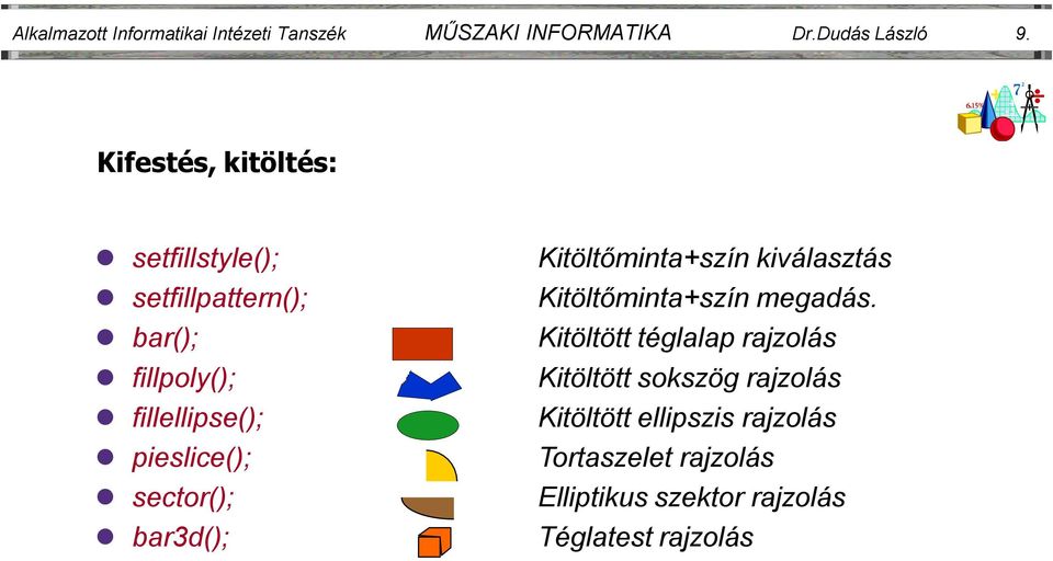 sector(); bar3d(); Kitöltőminta+szín kiválasztás Kitöltőminta+szín megadás.