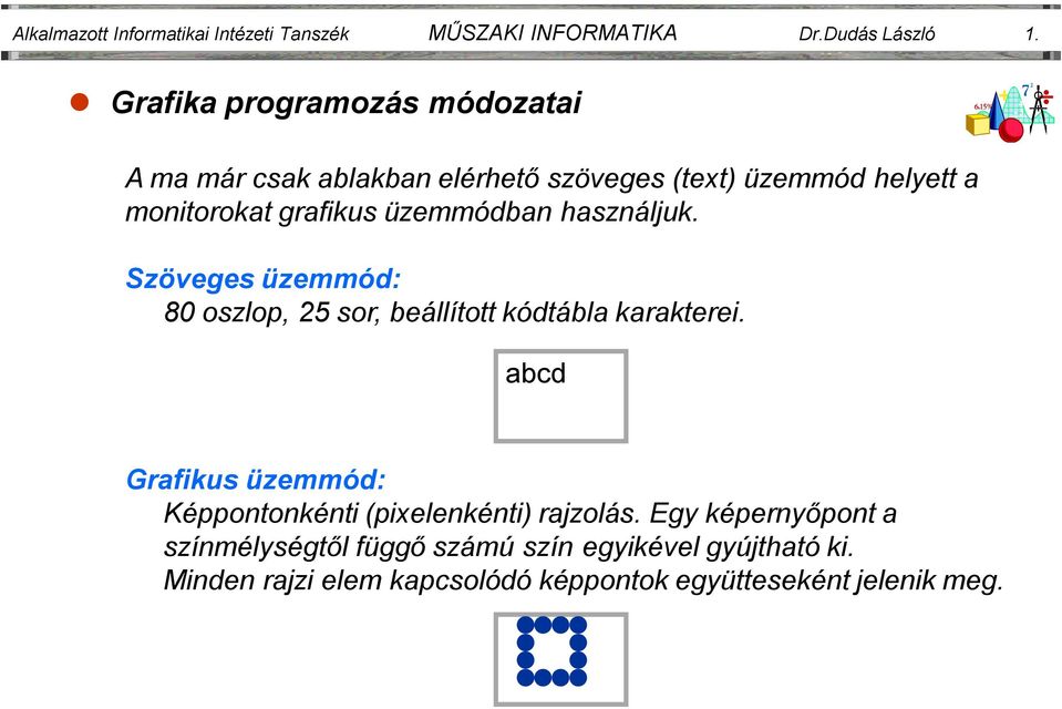 üzemmódban használjuk. Szöveges üzemmód: 80 oszlop, 25 sor, beállított kódtábla karakterei.