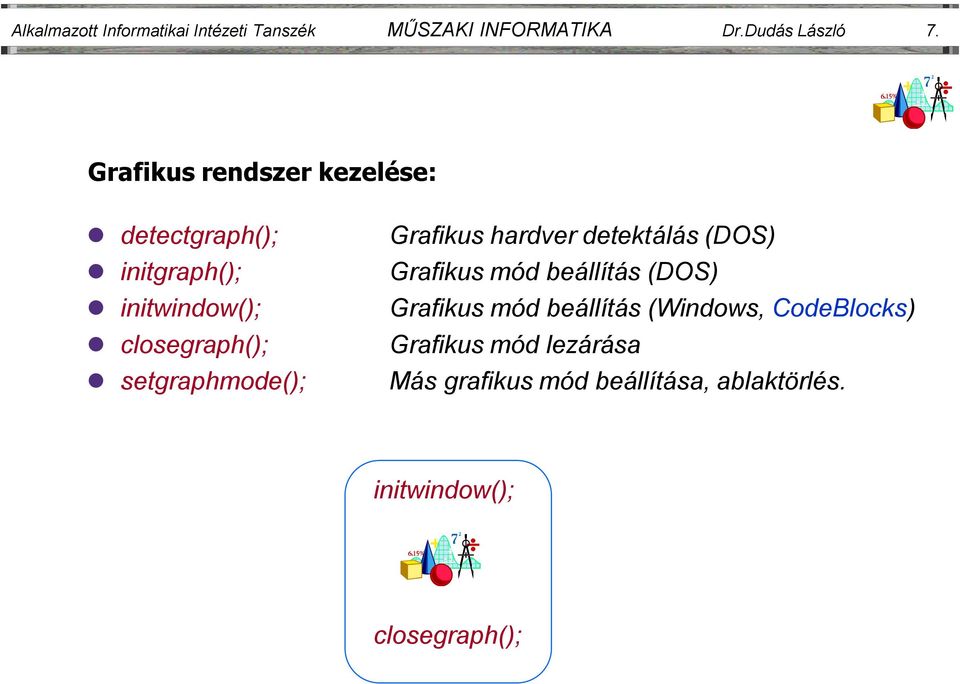 setgraphmode(); Grafikus hardver detektálás (DOS) Grafikus mód beállítás (DOS) Grafikus mód