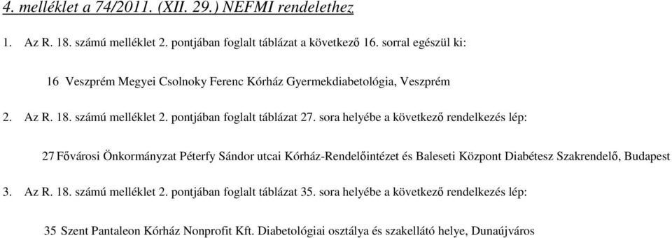 sora helyébe a következı rendelkezés lép: 27 Fıvárosi Önkormányzat Péterfy Sándor utcai Kórház-Rendelıintézet és Baleseti Központ Diabétesz Szakrendelı, Budapest